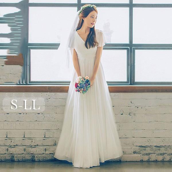 ウェディングドレス ホワイト 白 ロングドレス シンプル 袖あり チュール 背中開き 編み上げ 結婚式 披露宴 お呼ばれ 花嫁