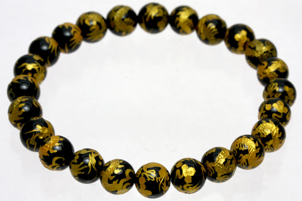 天然石 ビーズ【彫刻ビーズ】オニキス (金彫り) 五爪龍 (8mm) (半連 ブレスレット約1本分) パワーストーン