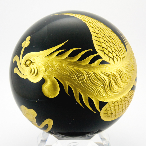 天然石 彫刻置物】丸玉 オブシディアン約100mm 五爪龍 鳳凰 四神