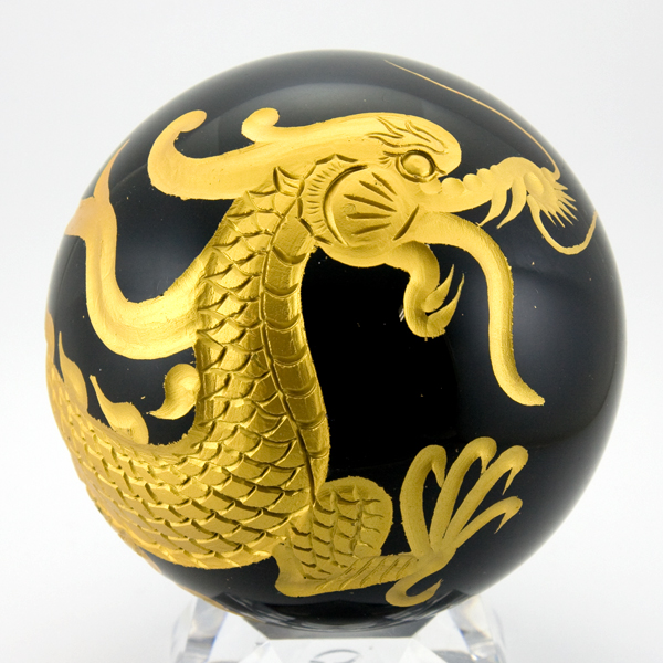 天然石 彫刻置物】丸玉 オブシディアン約100mm 五爪龍 鳳凰 四神