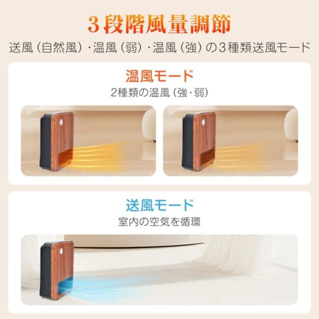 セラミックヒーター 小型ヒーター 電気ヒーター 温風 送風 人感センサー 静音 過熱保護 転倒時OFF 2秒速暖 3段階風量調節 タイマー機能 足元 テープル デスク トイレ キッチン 洗面所 チャイルドロック cc060_5