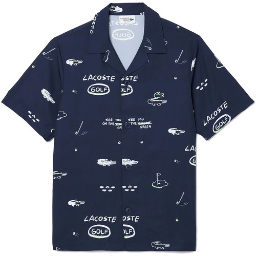 ラコステ LACOSTE メンズ ゴルフウェア ウルトラドライオープンネック総柄シャツ ネイビー CH7568 6DP 半袖 開襟シャツ カジュアル