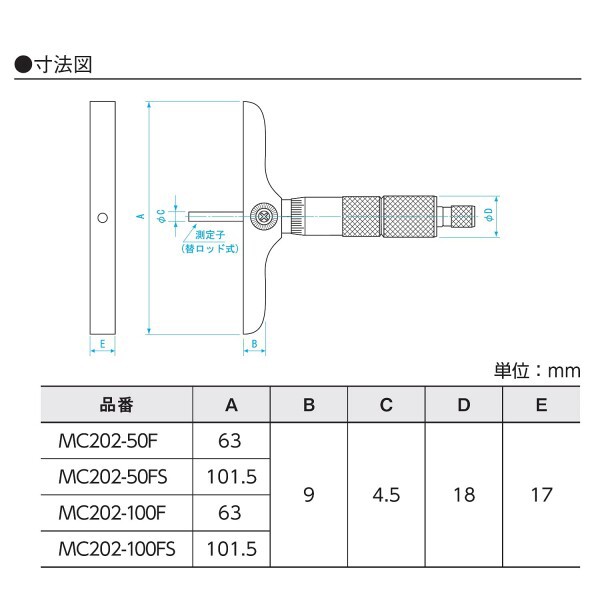 新潟精機 SK デプスマイクロメーター 替ロッド式 0-50mm MC202-50FS-