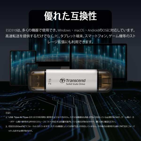 トランセンド ポータブルSSD 2TB 高速 最大1050 MB/s 超小型,軽量11g