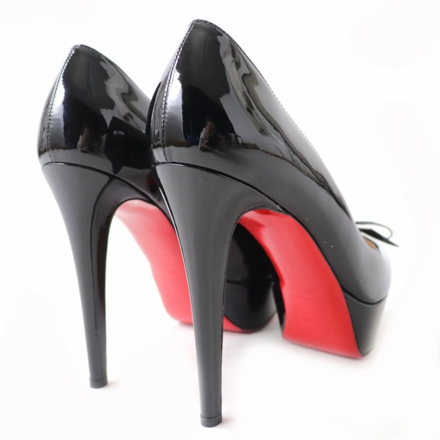 極美品△Christian Louboutin クリスチャンルブタン FLORIPUMP 3150768 リボン付き パテントレザー パンプス  ブラック 38 1/2 伊製 箱/袋｜au PAY マーケット