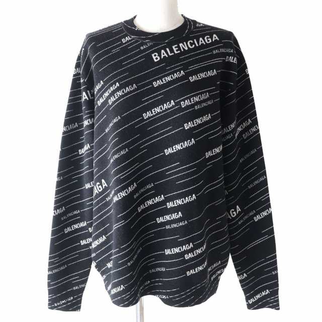 極美品△正規品 BALENCIAGA バレンシアガ 2018年 559078 クルーネック ジャガードロゴ ニット セーター レディース ブラック×ホワイト Xの通販は