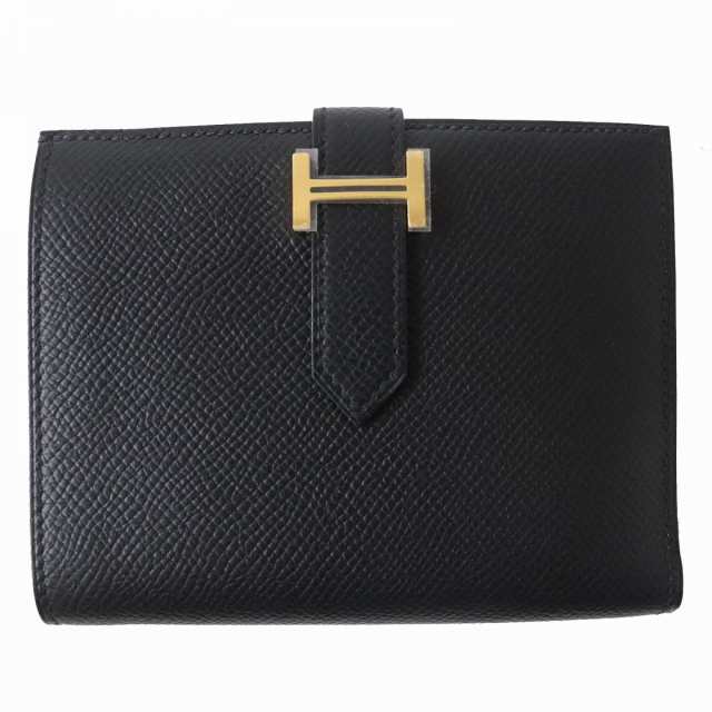 約95cmヨコ未使用品△HERMES エルメス ベアンコンパクト ヴォーエプソン ゴールド金具 レザーウォレット/2つ折り財布 ブラック B刻印 フランス製 箱付