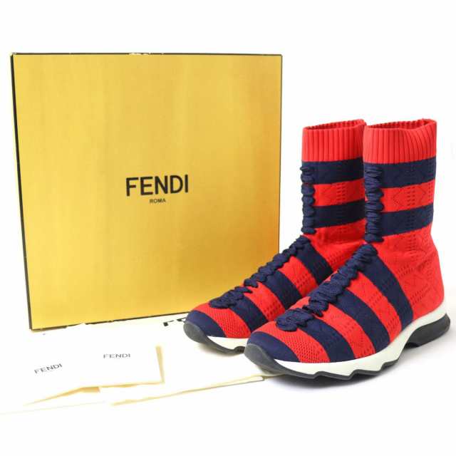 美品◇FENDI フェンディ 8T6515 ボーダー レースアップ ソックス