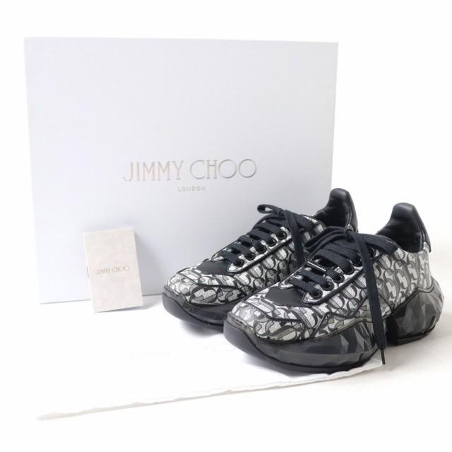 未使用品◇JIMMY CHOO ジミーチュウ DIAMOND/F ダイヤモンド JCロゴ総柄 グリッターレザースニーカー シルバー×ブラック レディース 34