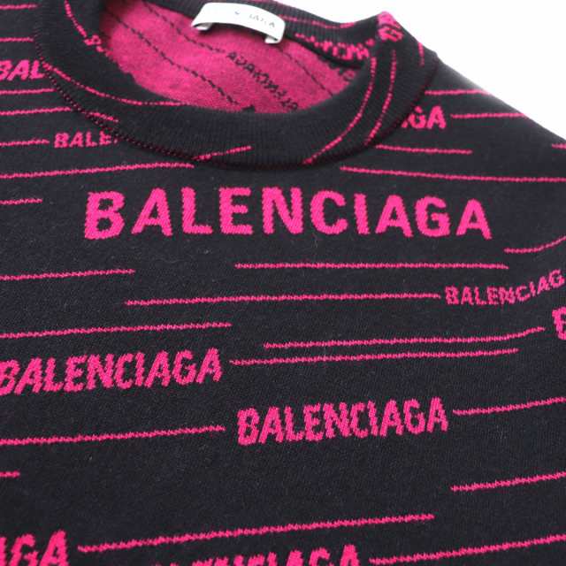 美品★正規品 BALENCIAGA バレンシアガ 19AW 583094 ロゴ総柄 ダイアゴナル ジャガード ニット／セーター レディース  ブラック×ピンク X｜au PAY マーケット