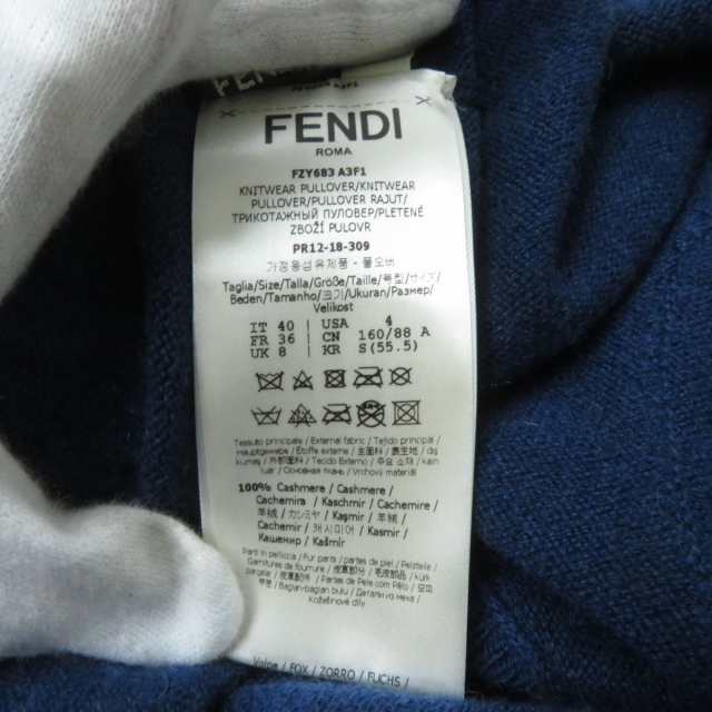 極美品★正規品 FENDI フェンディ FZY683 ロゴデザイン FOXファー付き サイドスリット 長袖 カシミヤニット／トップス ネイビー 40 伊製