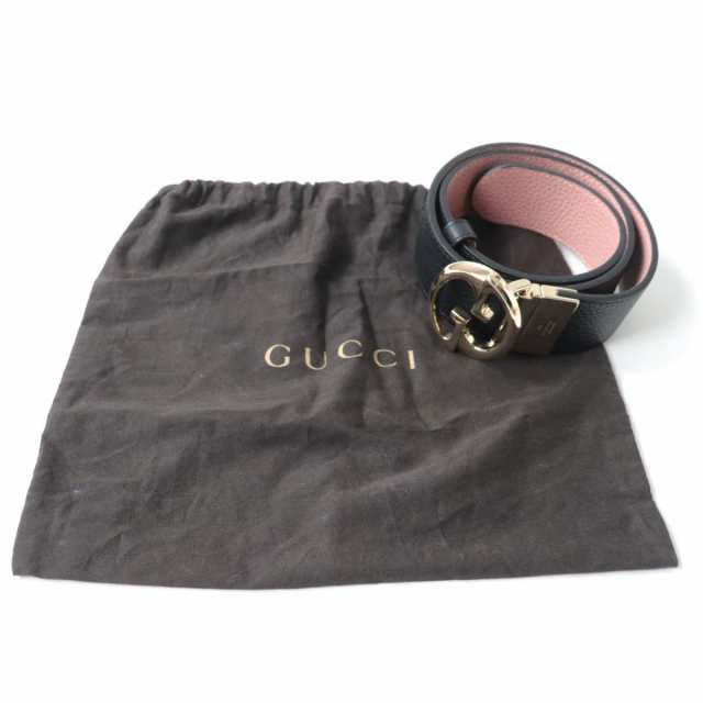 美品★GUCCI グッチ 450000 GGロゴバックル リバーシブル レザーベルト ブラック×ピンク ゴールド金具 70/28 イタリア製  保管袋付｜au PAY マーケット