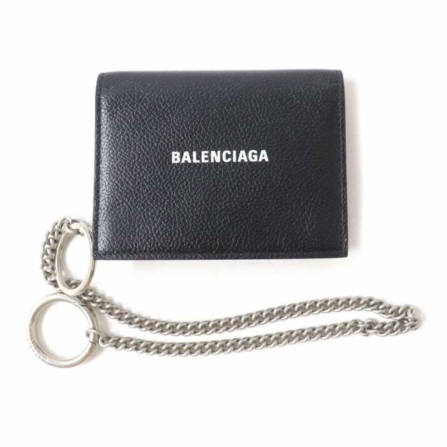 美品★BALENCIAGA バレンシアガ 593807 ロゴ入り 3つ折り レザー チェーンウォレット/財布 ブラック 黒 イタリア製 箱・保存袋付き