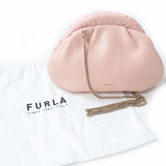 極美品☆FURLA フルラ EVENING ロゴ金具付き レザー 2WAY チェーンショルダーバッグ/クラッチバッグ ピンク イタリア製 保存袋付き