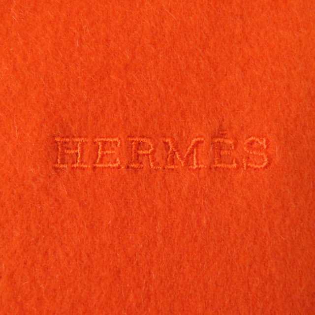 美品☆HERMES エルメス カシミヤ100％ ロゴ刺繍入り 無地 フリンジ付き 中判 ショール／ストール／マフラー オレンジ スコットランド製｜au  PAY マーケット