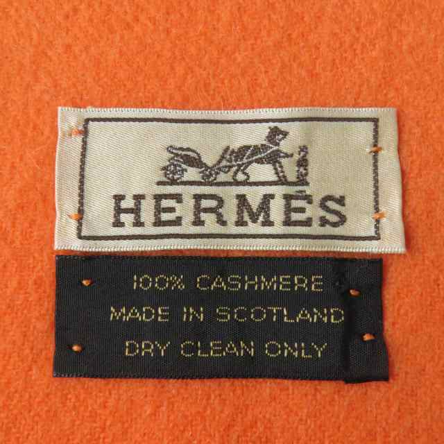 良品☆HERMES エルメス カシミヤ100％ ロゴ刺繍入り 無地 フリンジ付き 中判 ショール／ストール／マフラー オレンジ スコットランド製｜au  PAY マーケット