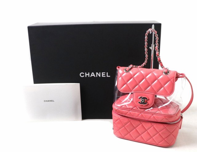 美品◎伊製 CHANEL シャネル A57826 レディース ビニール×レザー マトラッセ クリア バッグパック ／チェーン リュック ピンク 箱・シール