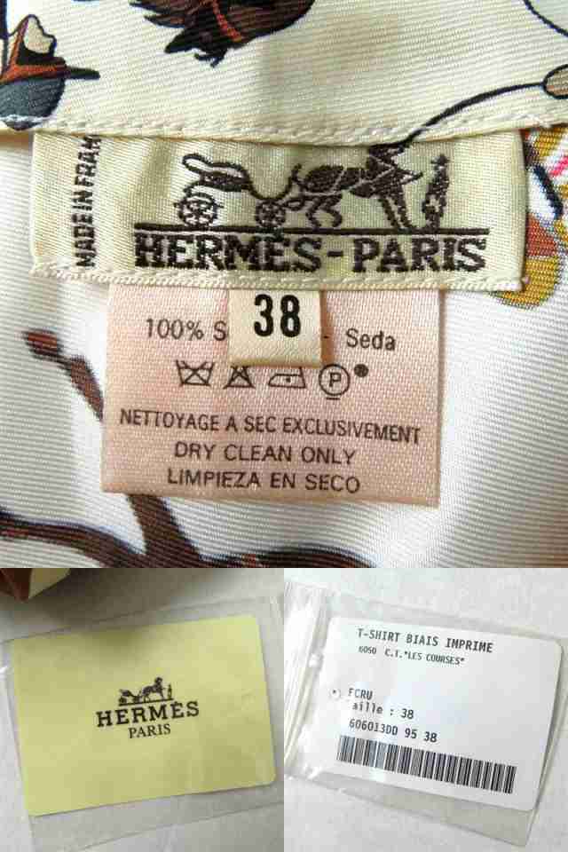 未使用◎希少モデル HERMES エルメス ヴィンテージ レディース シルク100％ 半袖 Tシャツ／カットソー アイボリー×マルチ 馬柄 38  タグ｜au PAY マーケット