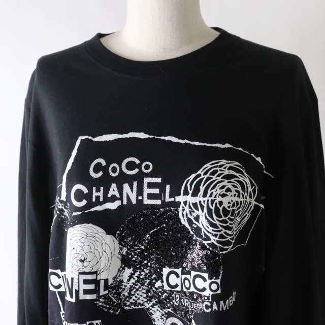 美品◎正規品 イタリア製 CHANEL シャネル 20SS P63300 レディース カメリア×ロゴデザイン ロングスリーブ Tシャツ ブラック×ホワイト M