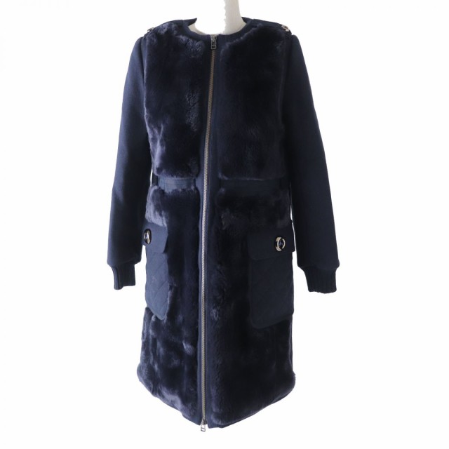 極美◎正規品 毛皮 LANVIN en Bleu ランバン オンブルー 3696102 レディース レッキスファー×ウール ノーカラーコート  ダークネイビー 3｜au PAY マーケット