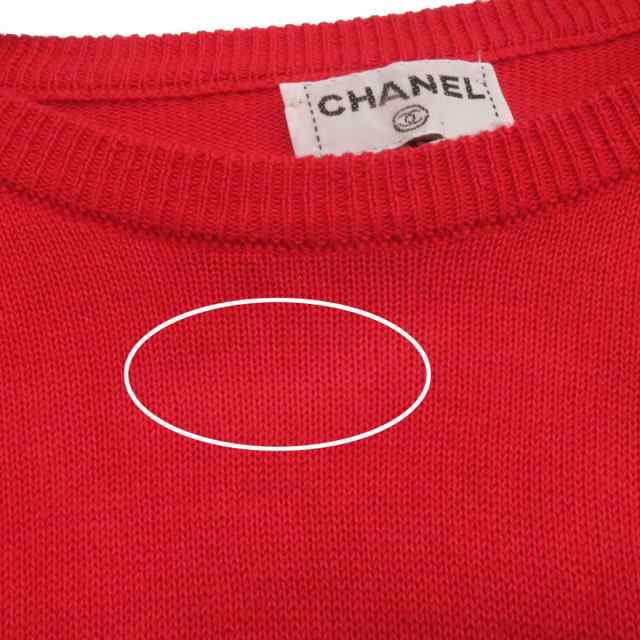 良品◎スコットランド製 CHANEL シャネル P05860 レディース ヴィンテージ ココマーク刺繍 コットン100％ 半袖ニットプルオーバー 赤 1