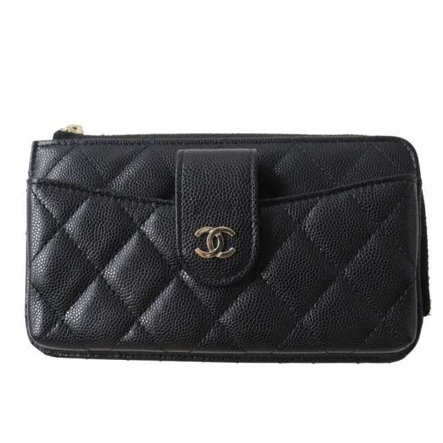 極美品◎伊製 CHANEL シャネル 31番台 タイムレスクラシック ココマーク キャビアスキン マトラッセ スマホケース付長財布 黒×金  箱・袋｜au PAY マーケット