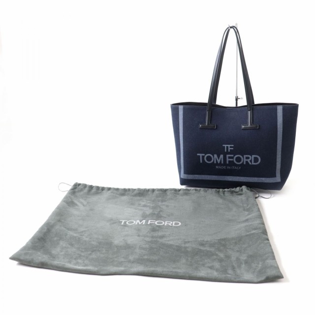 極美品◎イタリア製 Tom Ford トムフォード DENIM T TOTE ロゴ デニム ショッパー トートバッグ ダークブルー×ブラック 保管袋・タグ付き
