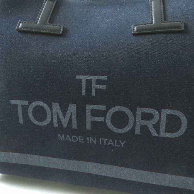 極美品◎イタリア製 Tom Ford トムフォード DENIM T TOTE ロゴ デニム ショッパー トートバッグ ダークブルー×ブラック 保管袋・タグ付き