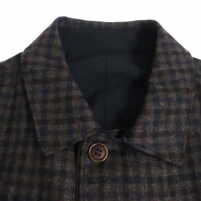 未使用品▼Loro Piana ロロピアーナ チェック柄 レザー使い カシミヤ混 リバーシブル ステンカラーコート XL メンズ 茶×黒 伊製 正規品