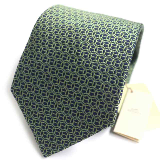 未使用品▼HERMES エルメス 655400T クラヴァット LOURDE 総柄 シルク100% ネクタイ MARINE/VERT POMME フランス製 ビジネス◎ タグ付き