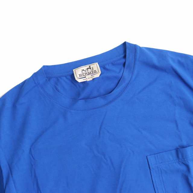 極美品●2021年製 HERMES エルメス ポケット付き ショートスリーブ/半袖 クルーネック Tシャツ/カットソー ブルー XL イタリア製 正規品