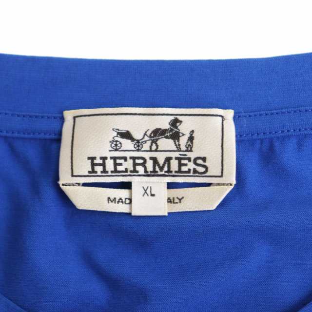 極美品●2021年製 HERMES エルメス ポケット付き ショートスリーブ/半袖 クルーネック Tシャツ/カットソー ブルー XL イタリア製 正規品
