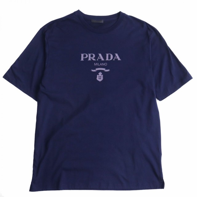 美品●2022年製 PRADA プラダ UJN815 Raised Logo/レイズドロゴ ラウンドネック 半袖/ショートスリーブ Tシャツ ネイビー XL 正規品 メンズ