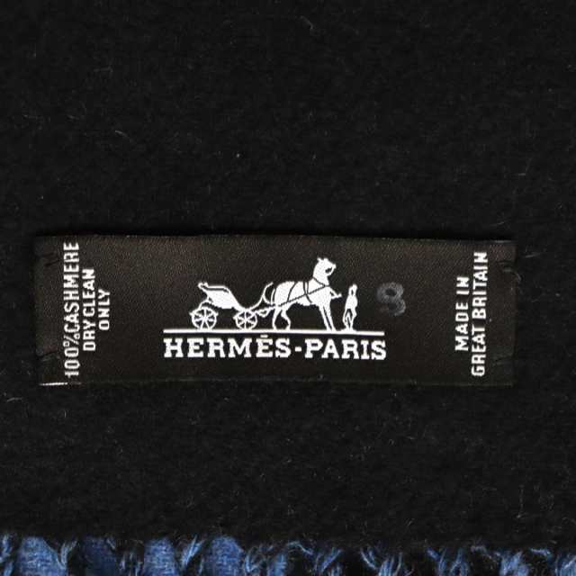 極美品◆HERMES エルメス カシミヤ100％ バイカラー フリンジ付き マフラー/ストール ブルー×ブラック イギリス製 メンズ r03-st30301-242