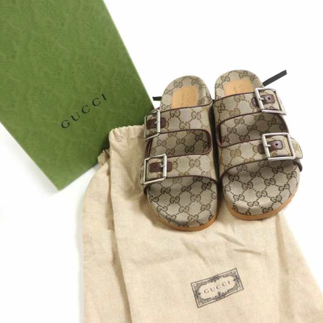 美品□GUCCI/グッチ 658020 GGキャンバス ストラップ付き レザーパイピング スライドサンダル/フラットサンダル ベージュ 6  イタリア製｜au PAY マーケット