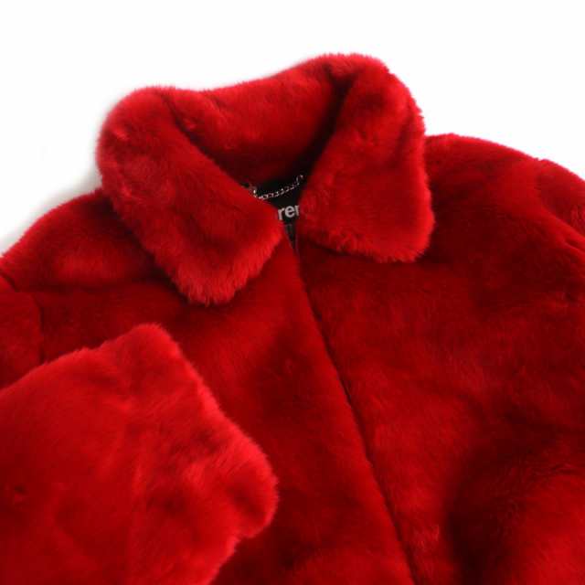 極美品□Supreme/シュプリーム Faux Fur Bomber Jacket バックロゴ 裏ロゴ総柄 ZIPUP フェイクファー ボンバージャケット レッド M 正規品