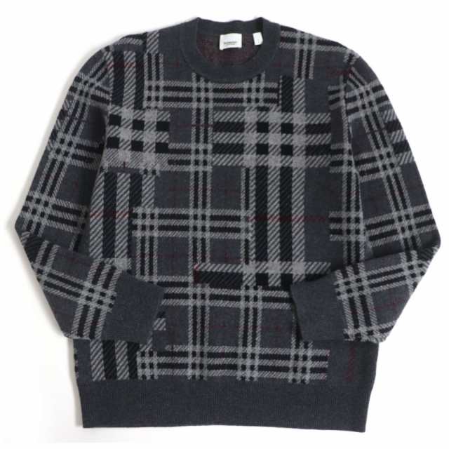 極美品□バーバリー 8045016 Patchwork Check Knit チェック柄 カシミヤ100％ ロングスリーブ 長袖ニット/セーター  グレー S 正規品 メン｜au PAY マーケット