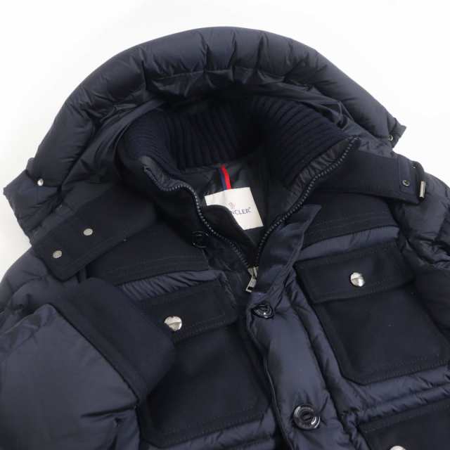 美品□17-18AW MONCLER/モンクレール RILLIEUX ウール カシミヤ混 切替デザイン フーデッド WZIP ダウンジャケット ネイビー 1 正規品