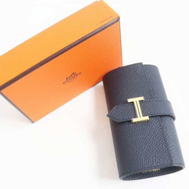 約105cmヨコ未使用品□HERMES/エルメス ベアン Hロゴ ゴールド金具 ヴォーエプソン 4連 レザーキーケース ブルーインディゴ フランス製 B刻印 箱付き