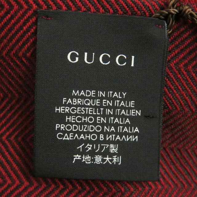 未使用品□GUCCI/グッチ 544628 ヘリンボーン ストライプ ロゴ入り ウール100％ フリンジマフラー/ストール レッド 40×190cm  伊製 正規｜au PAY マーケット