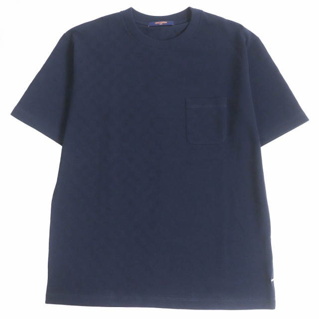 50cm袖丈極美品□22AW LOUIS VUITTON/ルイヴィトン ロゴプレート付き ダミエ ハーフ コットン100％ 半袖Tシャツ/カットソー ネイビー L  伊製 正規｜au PAY マーケット