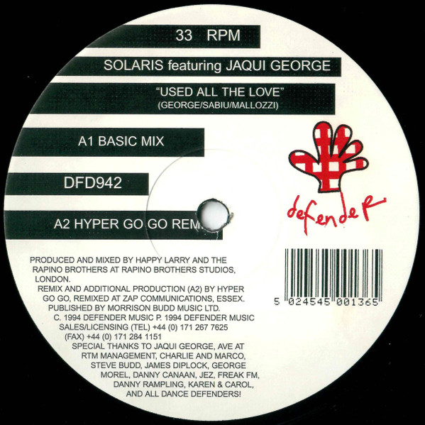 【中古】英12” Solaris , Jaqui George Used All The Love DFD942 DEFENDER MUSIC /00250