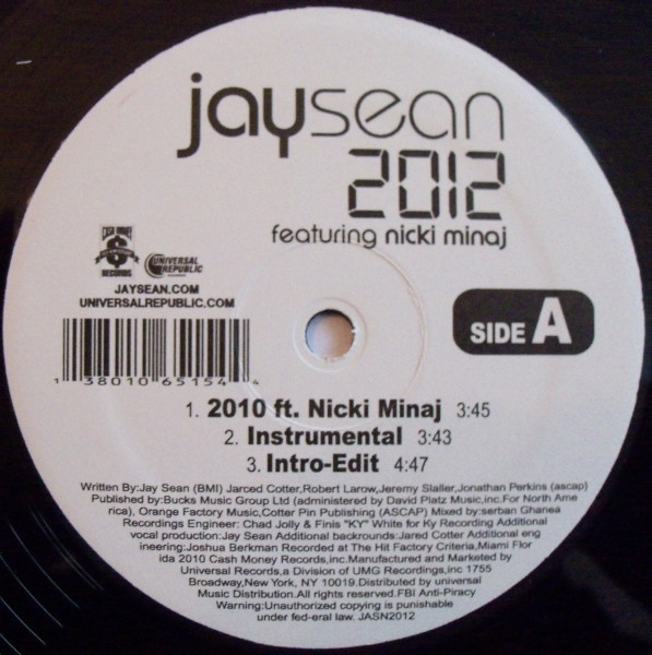 【中古】12” Jay Sean, Nicki Minaj 2012 JASN2012 Cash Universal Republic US Vinyl /00250