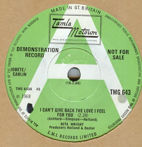 【中古】7” Rita Wright I Cant Give Back The Love I Feel For You TMG643PROMO Tamla Motown プロモ /00080