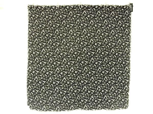 ■新品同様■ KARL LAGERFELD カールラガーフェルド モダール×ウール 総柄 フリンジ ストール ショールブラック系×アイボリー系 AS8166