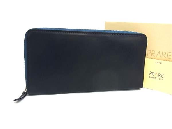 ■新品同様■ PRARE プレリー シープスキン ラウンドファスナー 長財布 ウォレット メンズ レディース ネイビー系 BE8356