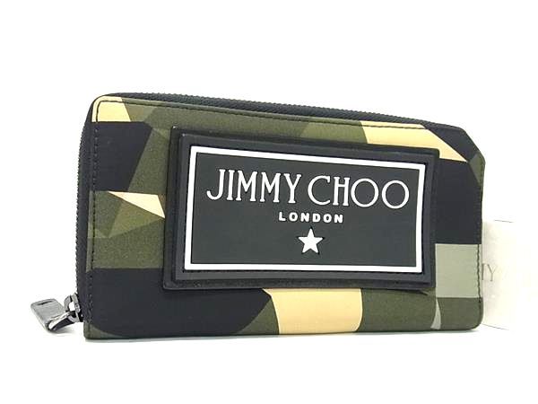 ■美品■ JIMMY CHOO　ジミーチュウ セキ ナイロン ラウンドファスナー 長財布 ウォレット グリーン系 BI4199