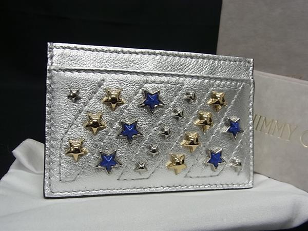 ■新品同様■ JIMMY CHOO ジミーチュウ スタースタッズ レザー カードケース パスケース カード入れ 定期入れ シルバー系 BI6752