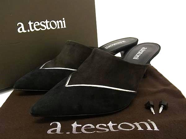 ■新品■未使用■ a.testoni ア テストーニ スエード ヒール サンダル 表記サイズ38 1/2 (約25.5cm) 靴 シューズ ブラック系 BI8762