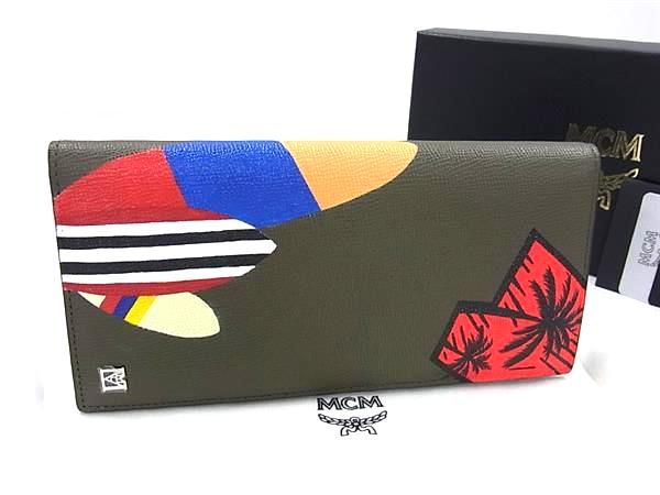 ■新品■未使用■ MCM エムシーエム PVC 総柄 二つ折り 長財布 ウォレット 札入れ カード入れ メンズ カーキ系 BK6219